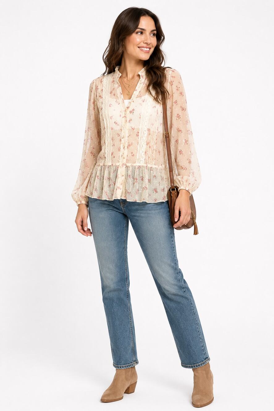 Anthropologie Solitaire Floral Lace Babydoll Blouse M Romantic Boho Sheer